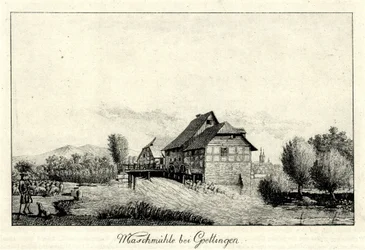 Ancien moulin de Maschmühle sur la Leine au nord de Göttingen, en arrière-plan à gauche le Hainberg, à droite la ville